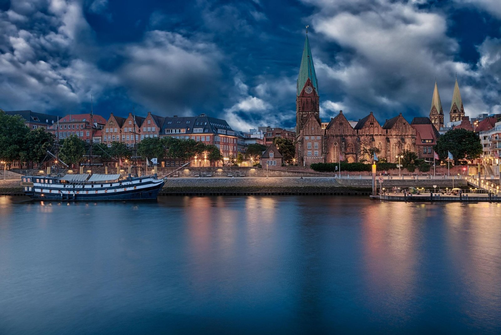 City Municipality of Bremen in the evening on the bank of the Weser river