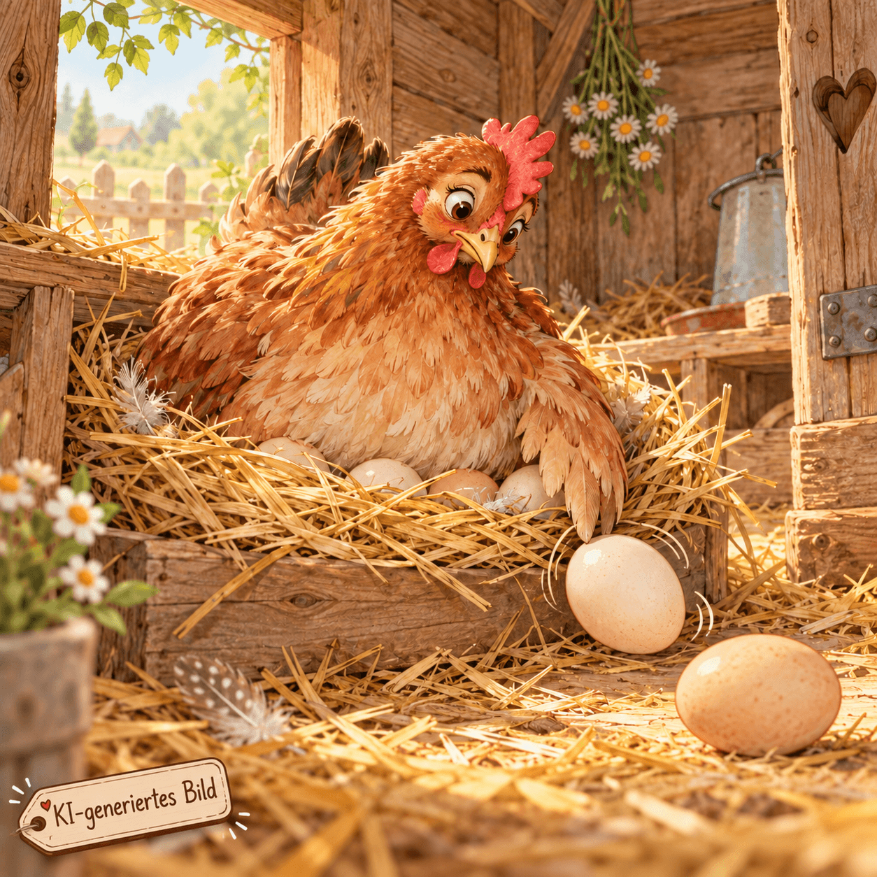 Henne rollt Eier aus dem Nest